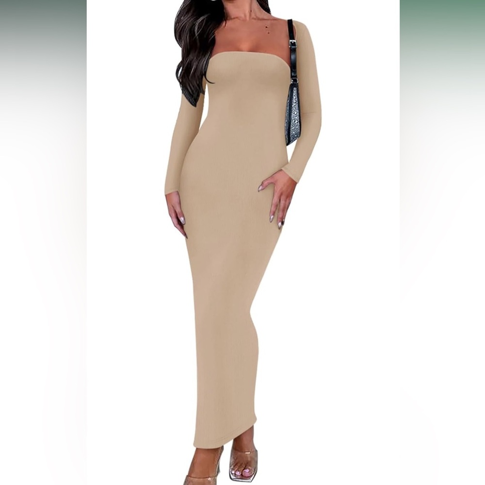 Reoria Ribbed Maxi Beige Nude Tube Dress